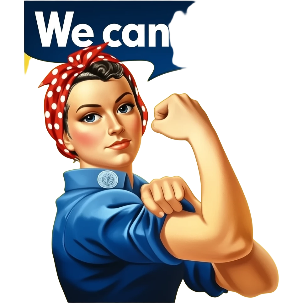 Rosie the riveter add banner that says we can do it! emoji