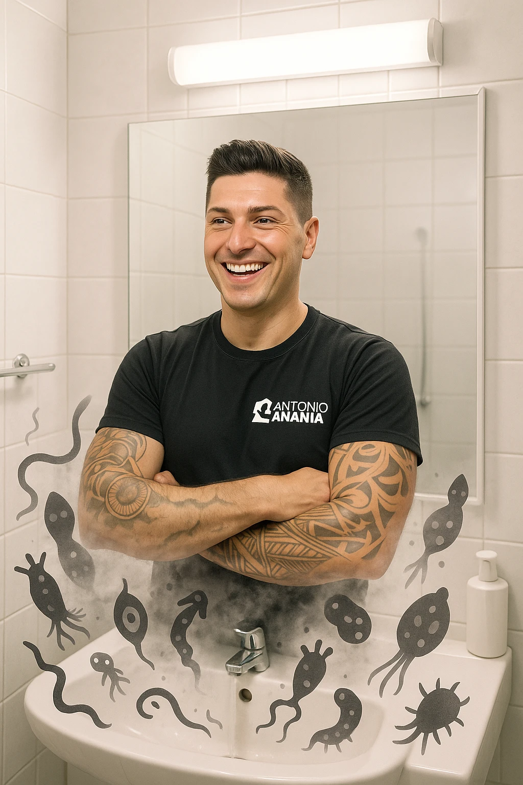 a man stands in a brightly lit bathroom, looking relieved and revitalized as he examines his reflection in the mirror. In the foreground, stylized, shadowy images of parasites (such as worms or protozoa) are shown leaving his body, dissolving into mist or fading away. His posture is upright and his expression is one of newfound energy and health. emoji