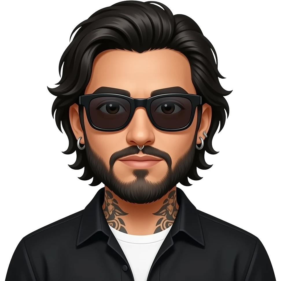 A handsome Latino man with medium length hair and long beard and tattoos with a right nose hoop and a left earring hoop wearing all black with a white undershirt and black sunglasses emoji