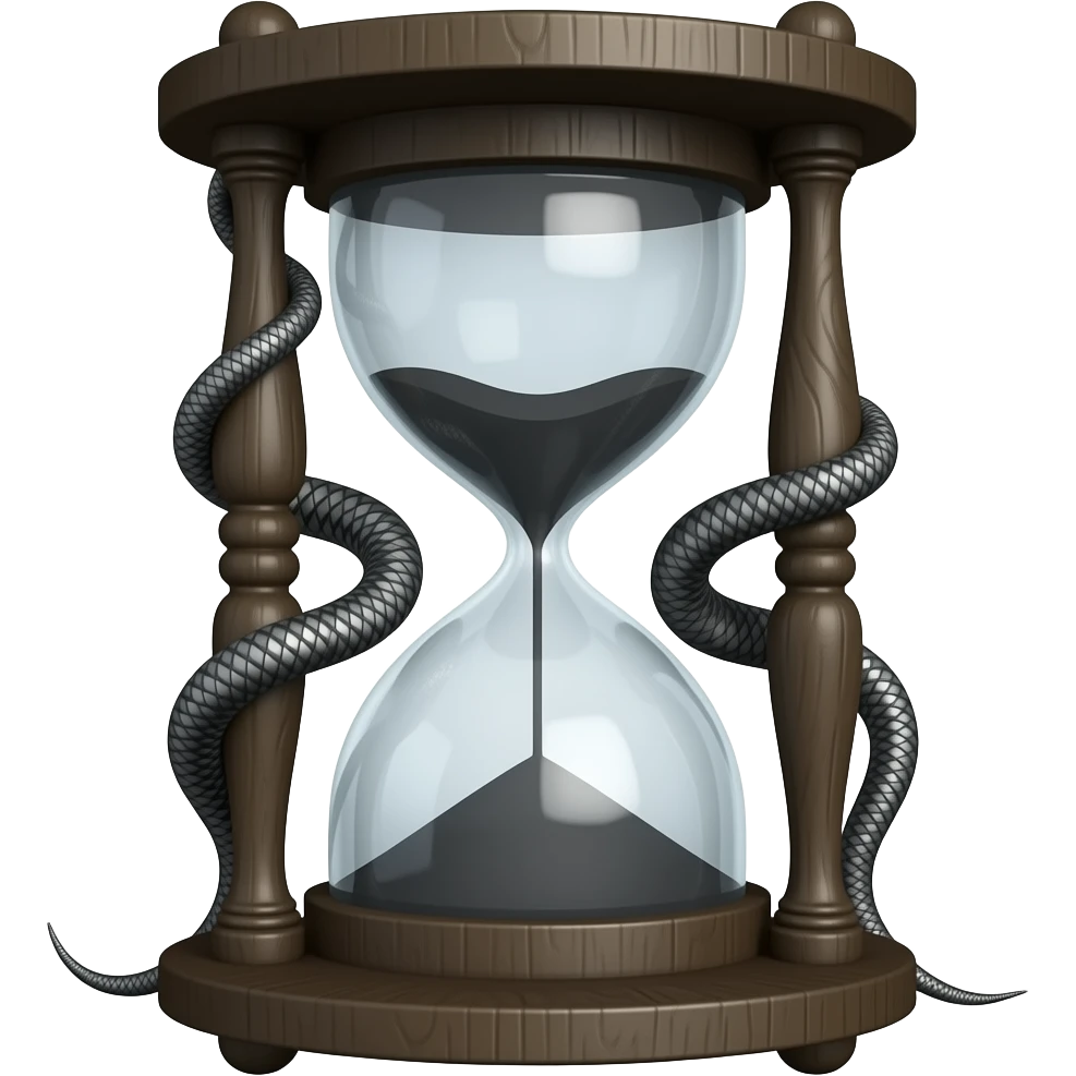 Hourglass in black old wood, designed with snakes and half full of black sand emoji