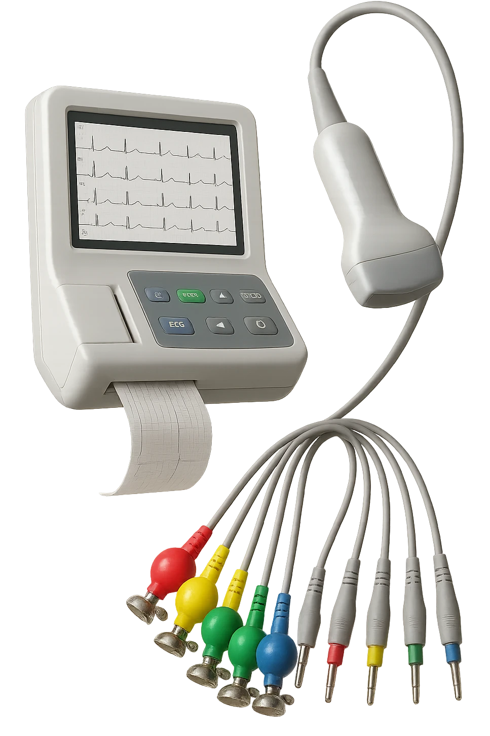 STRUMENTI MEDICI PER FARE ECG e ecocardio FLUTTUANO IN ARIA, iperrealistico 4k, isolato su sfondo bianco emoji