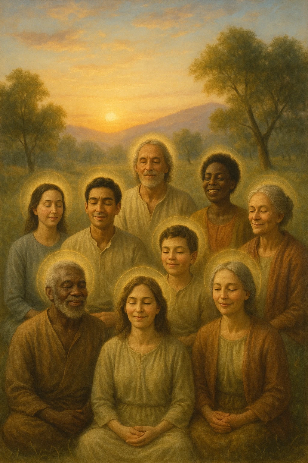 a diverse group of people of different ages and backgrounds sit together in a peaceful natural setting at sunrise, each with serene, joyful expressions. Subtle auras or soft light halos surround them, symbolizing spiritual awakening and inner harmony. The background features gentle hills, trees, and a glowing sky, evoking unity and connection. realistica italiano emoji
