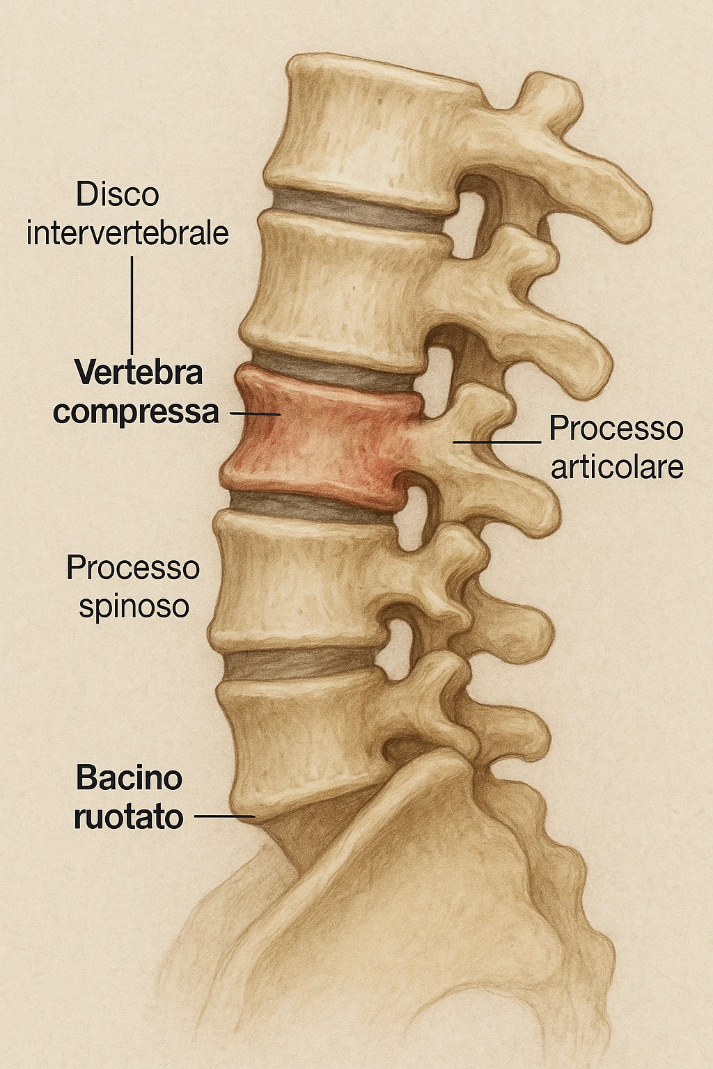 realistic and cinematic anatomical image, only compressed vertebrae clearly visible, lateral view, compression from rotated pelvis, detailed anatomy, Italian captions, aspect ratio 2:3 emoji