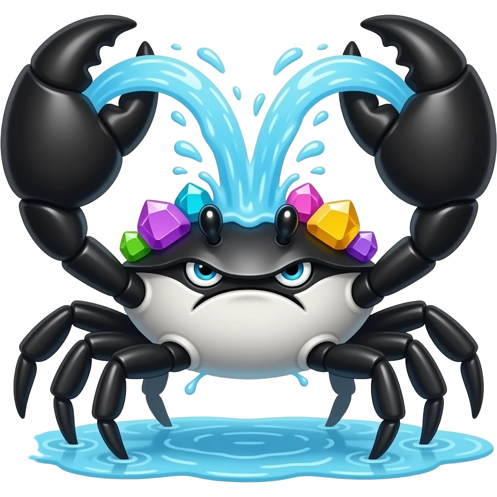 Marinibble A fast and dangerous black and white crab-like creature that gathers shiny multicolored stones on its back. It snaps a 4 big strong claws that burst with pressurized water. emoji