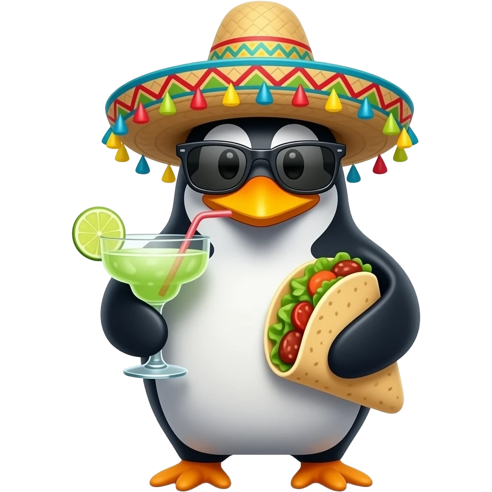 Penguin wearing sombrero, wearing sunglasses, sipping a margarita and holding a taco emoji