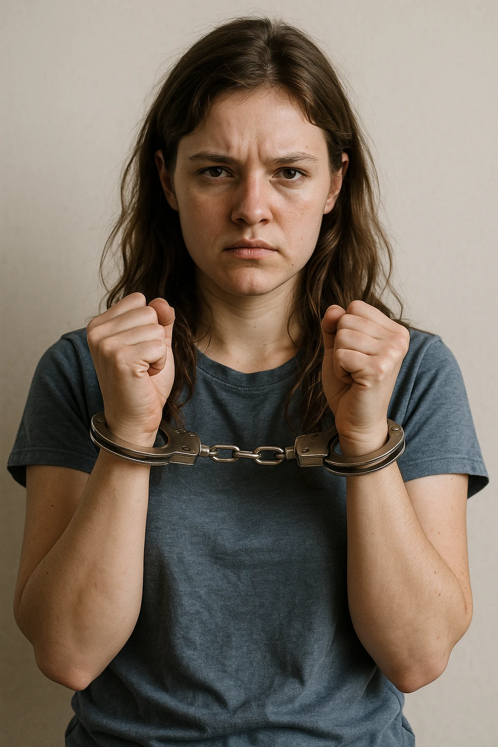 realistic illustration of a girl who is handcuffed, looking defiant, neutral background emoji