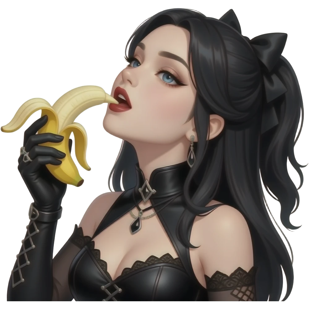 Sexy gothic black haired woman tilting her head up eating a banan seductively emoji