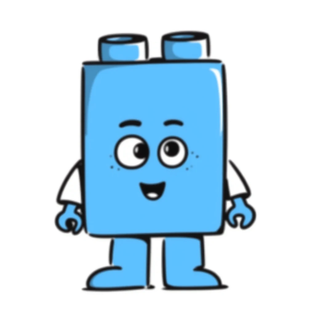 A hand-drawn blue Lego-style brick with a silly expression and tiny arms emoji