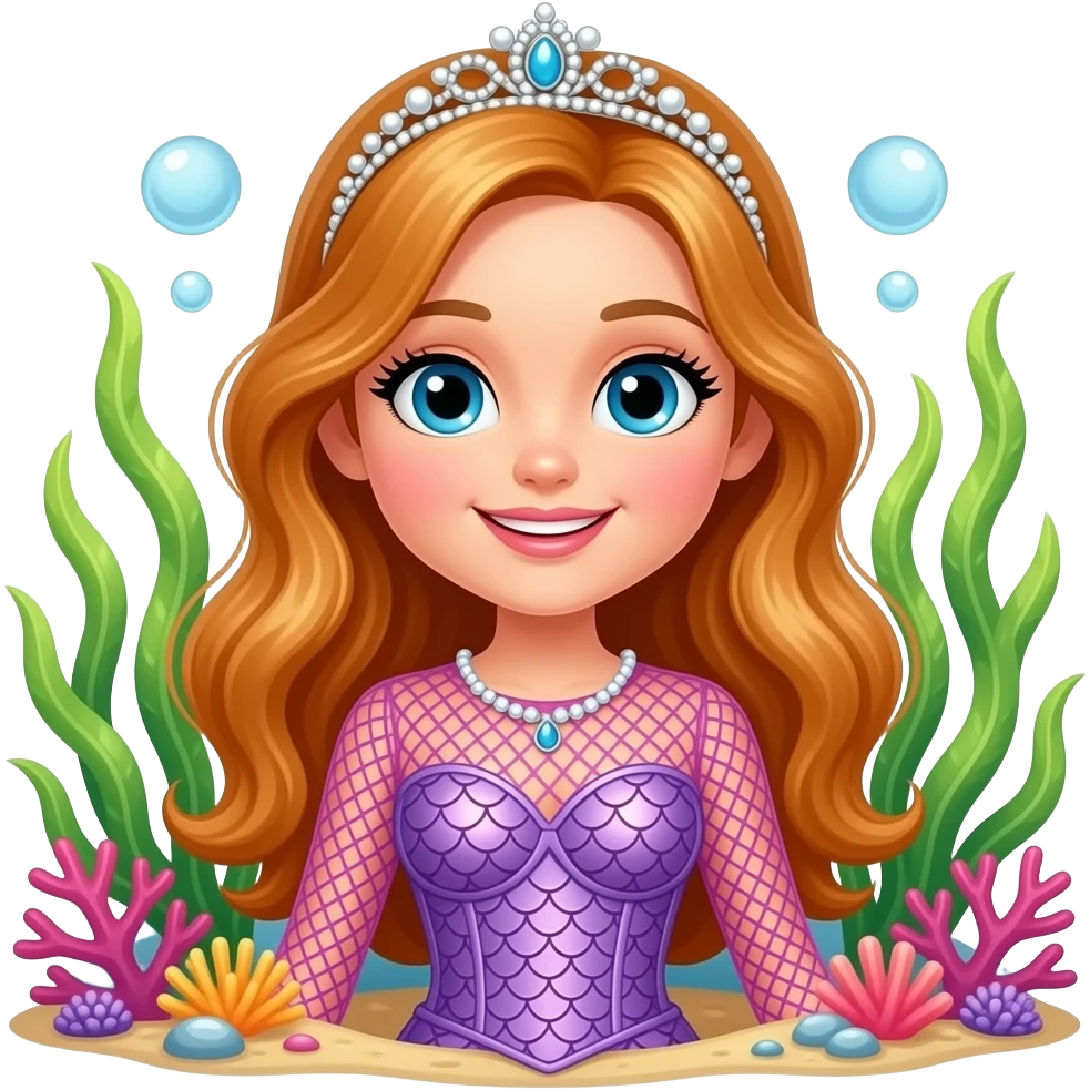 Bubbles the Mermaid from The Wiggles with blue eyes, long reddish blonde hair, pearl crown, pink fishnet dress with lilac mermaid corset emoji