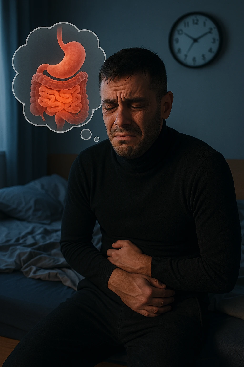 a tired-looking man sits on the edge of his bed at dawn, holding his stomach with a pained expression. Dark circles under his eyes and a messy bed indicate poor sleep. In the background, a clock shows early morning hours, and a thought bubble or overlay highlights digestive organs, emphasizing intestinal discomfort linked to sleep deprivation. emoji