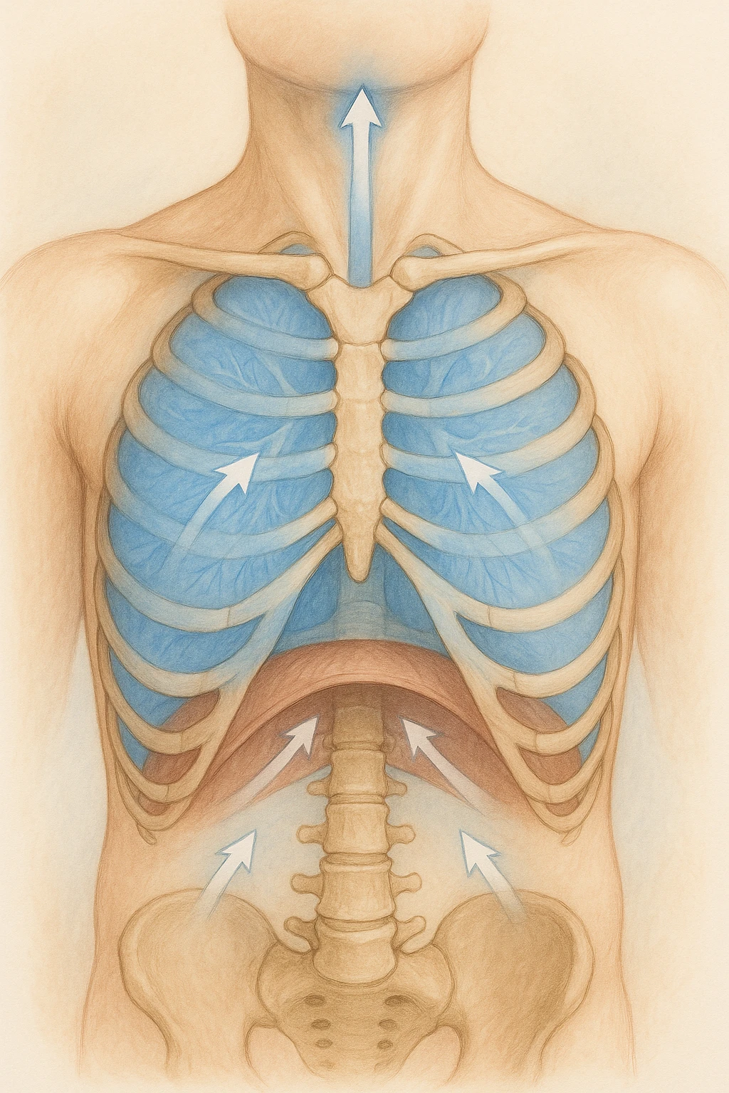 A realistic, high-quality anatomical illustration showing a human torso with visible rib cage and diaphragm. The ribs are shown in a decompressed, expanded state, allowing full lung expansion, while the diaphragm is depicted as relaxed and lowered, indicating deep, efficient breathing. Soft blue and warm tones highlight airflow and lung capacity, with light arrows illustrating the air movement during diaphragmatic breathing. The image conveys a sense of calm, openness, and optimal breathing mechanics, useful for physiotherapy, breathing education, and osteopathic learning contexts emoji