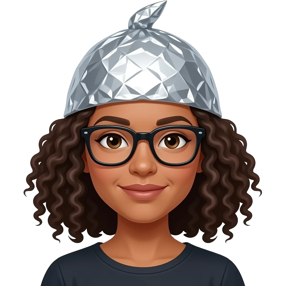 Female black glasses curly hair Emoji wearing a tin foil hat emoji
