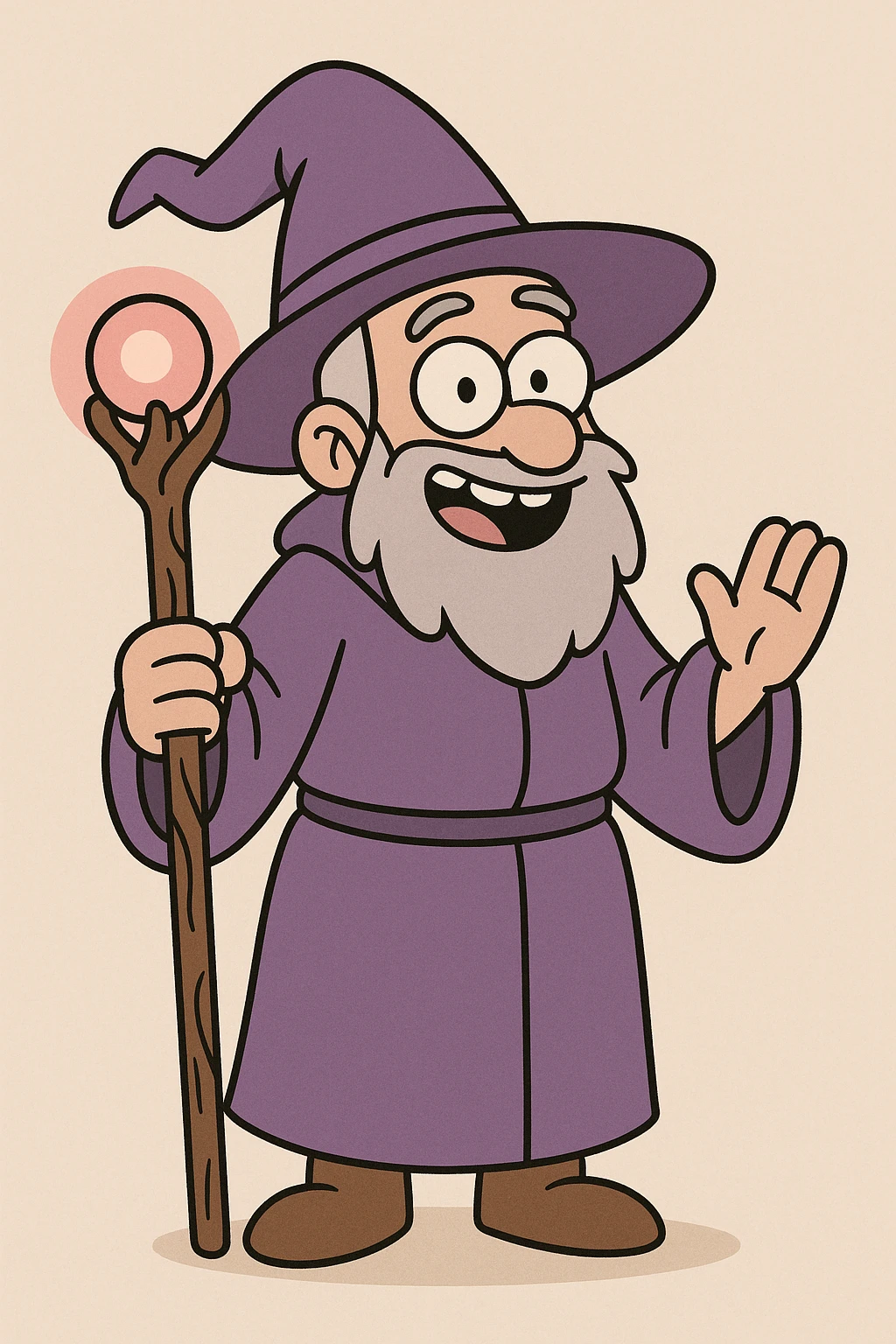 cartoon wizard in purple robes, smiling widely, holding magical staff, cute and friendly appearance emoji
