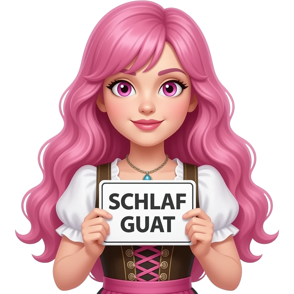 sexy girl with long pink hair and pink eyes wearing a dirndl holding a SCHLAF GUAT sign emoji