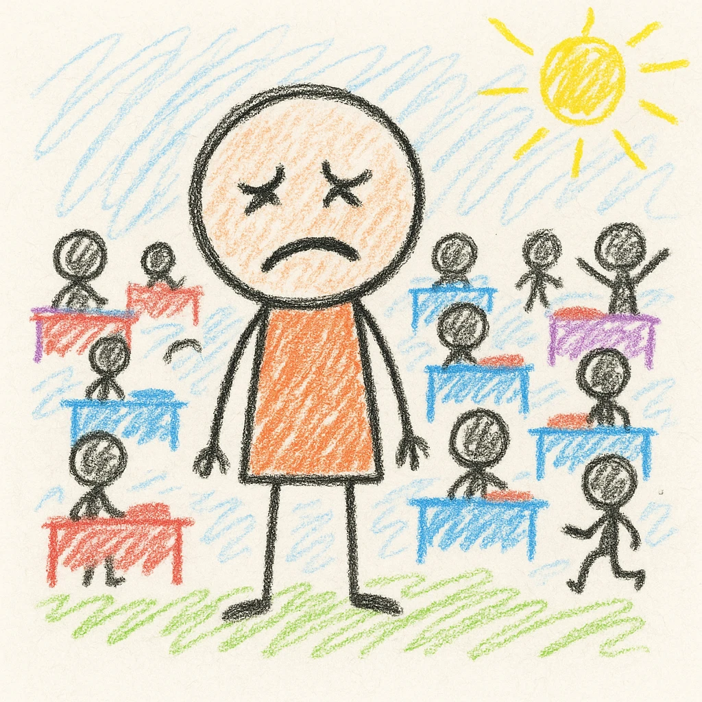 exhausted teacher in a bustling classroom emoji
