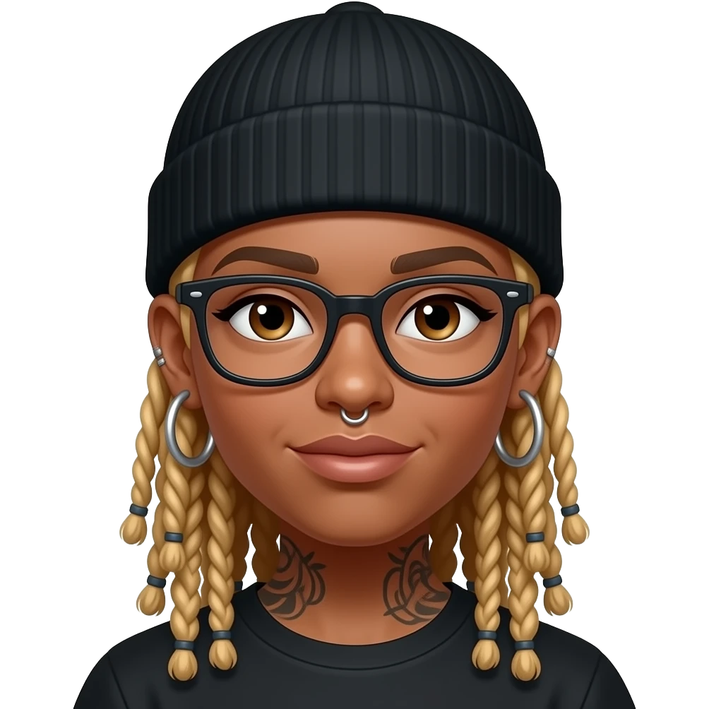 Black girl with small ears, oval face,blonde locs, hoop earrings, nose piercing, tattoos and black fitted hat and glasses emoji