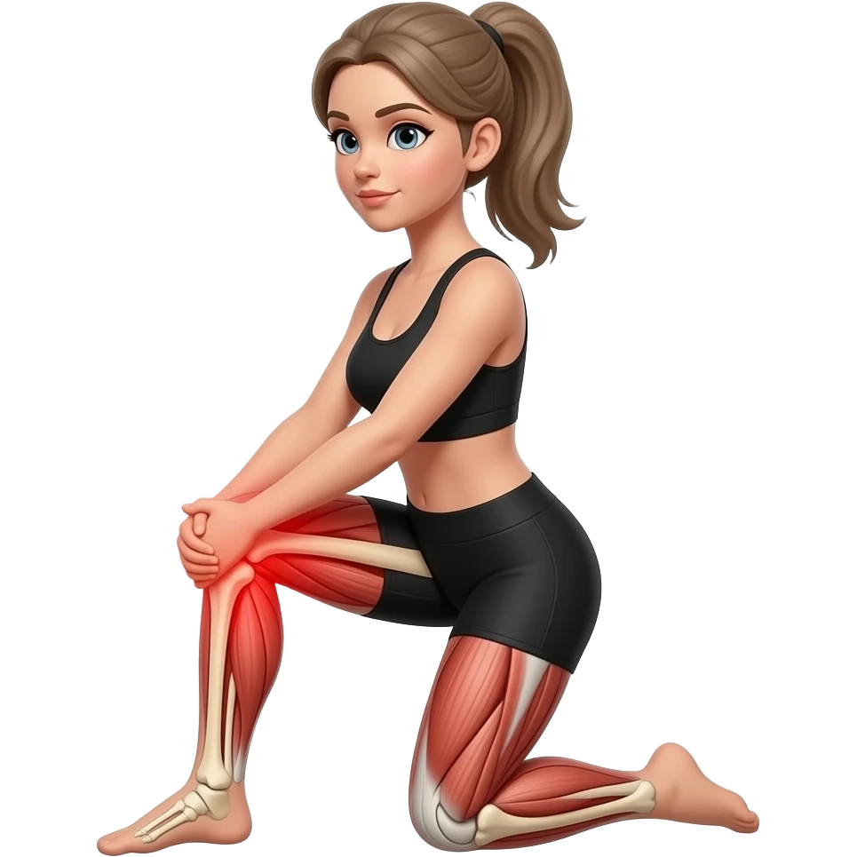 leg pain, anatomical highlight of both legs with leg bones and muscles visible, full red glow from hips to feet, woman holding one leg, fair-skinned woman, gray-blue eyes, ash brown brows, ash light brown hair tied back, slim athletic body, black workout set emoji