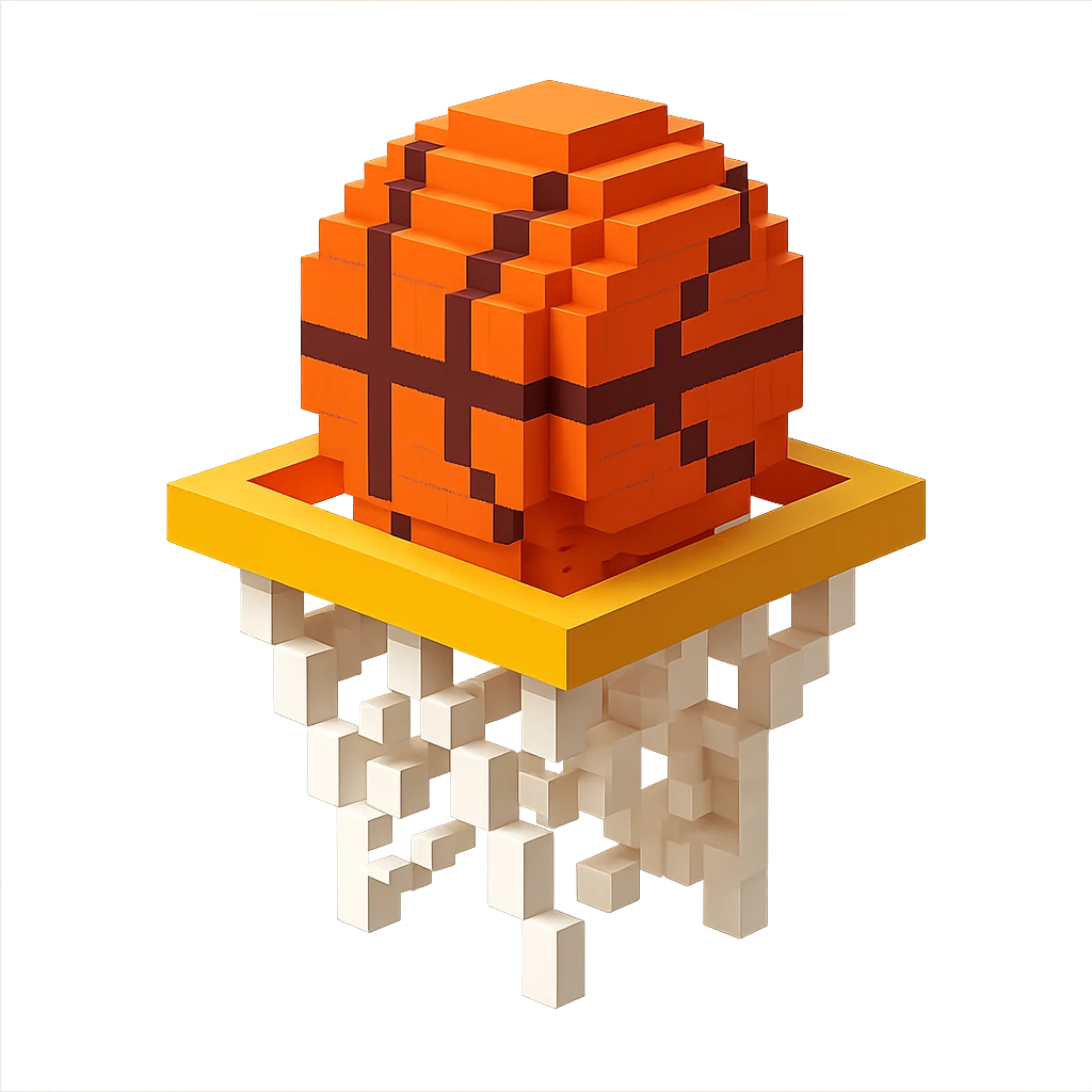 A voxel-style basketball in a net, monochromatic and sleek emoji