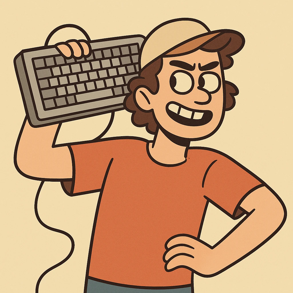 a person holding a keyboard up to their head like a boombox, cartoon style emoji