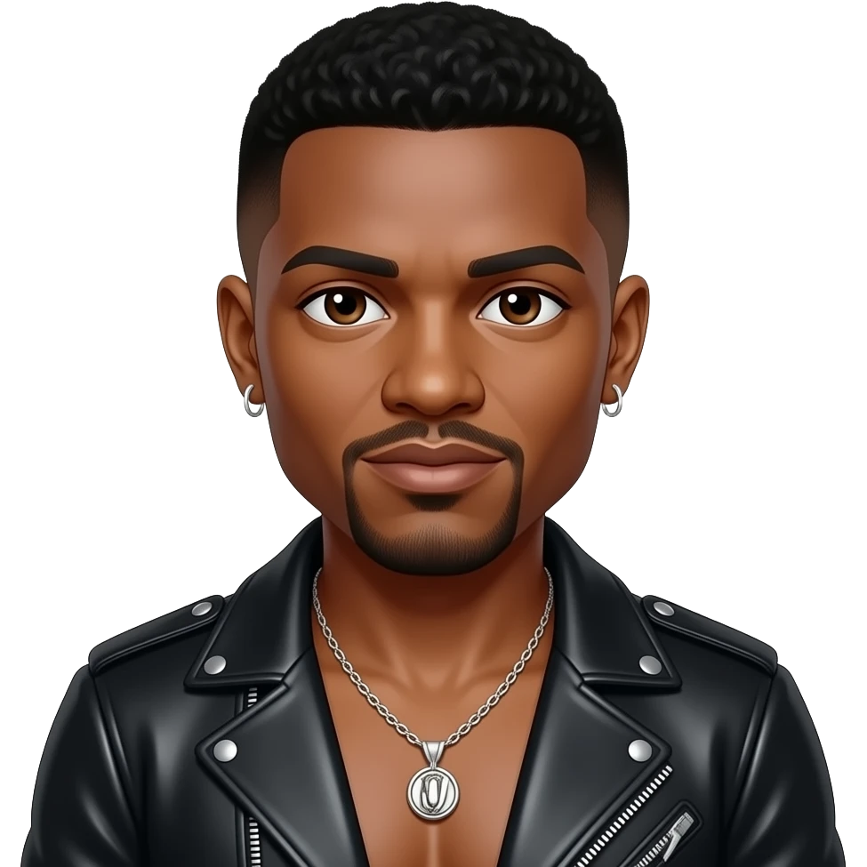 Mr. Dalvin from Jodeci with dark brown eyes, black short fade hair, black metallic jacket, shirtless necklace and earrings emoji