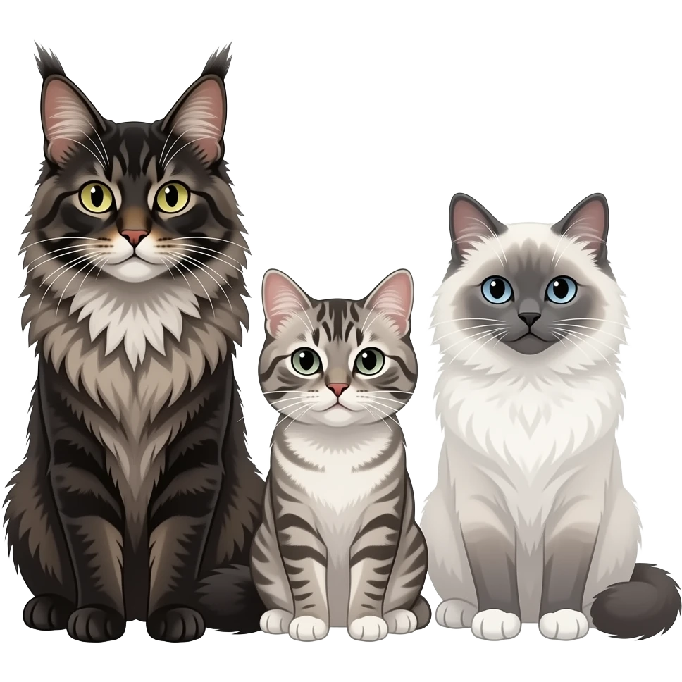 3 cats together. 2 Maine Coon cats. 1 is black smoke with a dignified expression. 2 is slightly smaller grey, white and black mottled coat with mischievous expeession. And 1 Ragdoll cat. White with grey face and tail. Legs grey with white feet. Serious expression. emoji