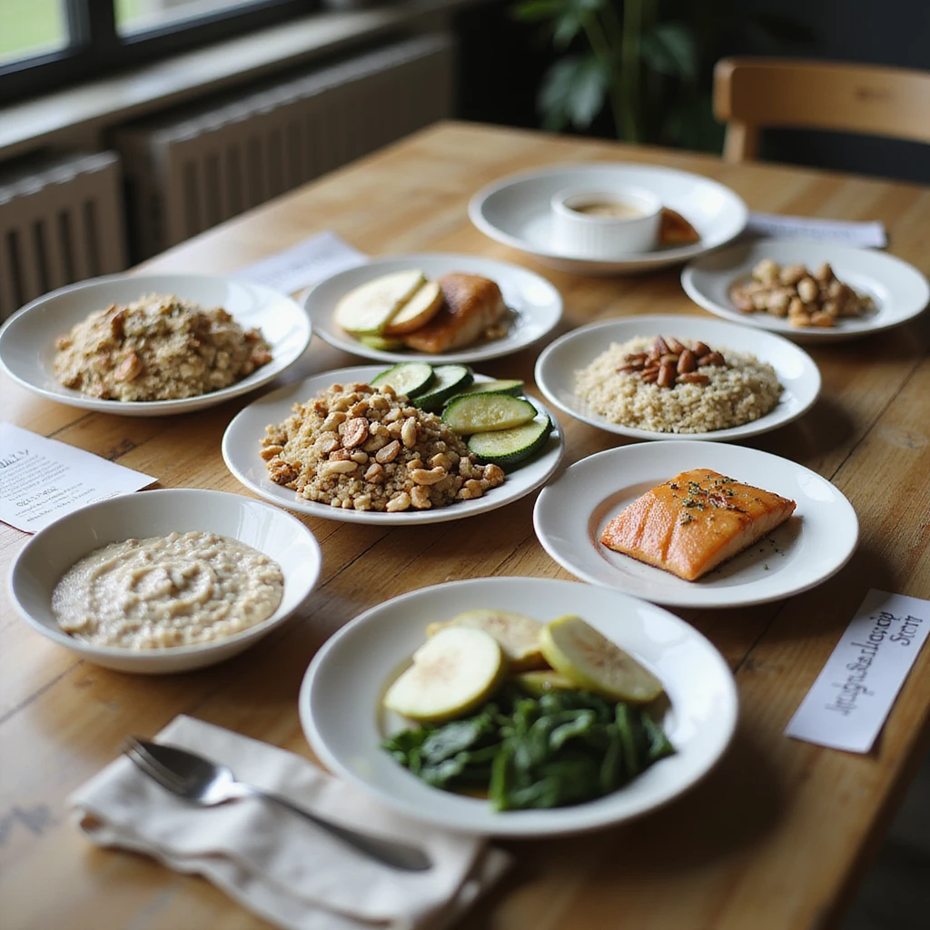 hyperrealistic 4K table with separate plates for 2000 calorie diet: breakfast with porridge, apple, nuts; lunch with chicken, quinoa, zucchini; dinner with salmon, basmati rice, spinach; snacks with Greek yogurt, pear, hazelnuts. Plates labeled with calories, modern kitchen atmosphere emoji