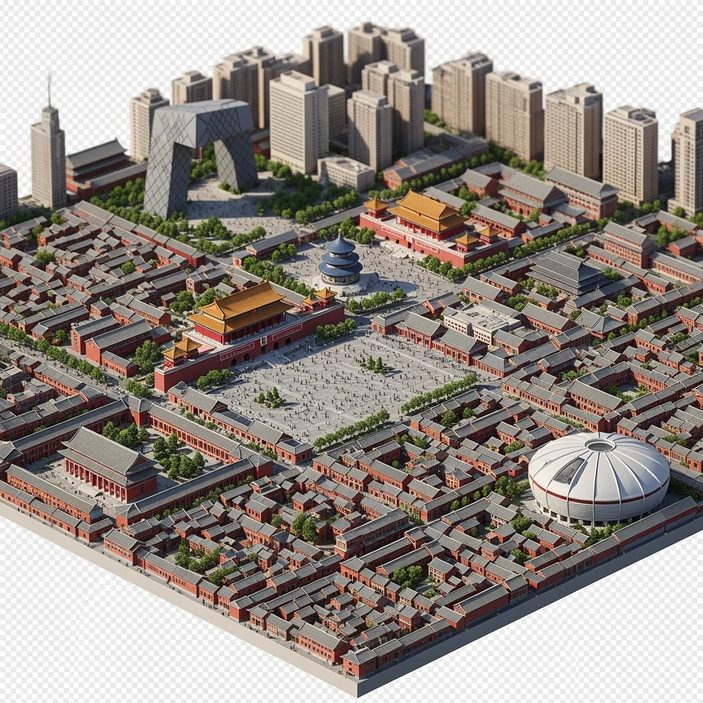 Isometric miniature of Beijing Forbidden City, Tiananmen Square, CCTV Headquarters, Temple of Heaven, Beijing National Stadium and crowded hutong alleys, sprawling apartment blocks, 3D miniature effect and Tilt Shift effect, no cartoonish look, transparent background. emoji
