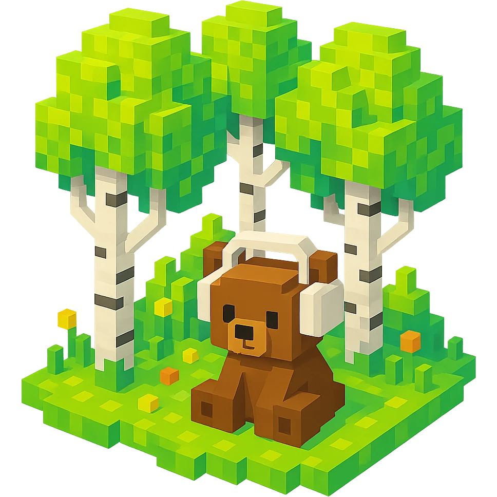 березовый лес, в котором сидит бурый медвежонок в белых наушниках, no background  emoji