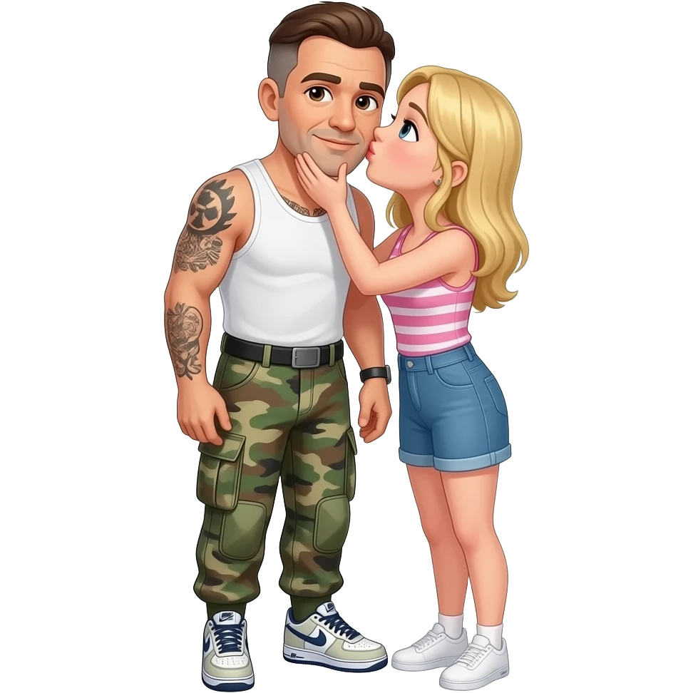 create an emoji of this man, older white man with brown hair and eyes short hair wearing cargo army print pants nike air force shoes and white tank top with tattoos on his arm. Now, can you add a younger blonde hair blue eye girl kissing him on cheeks emoji