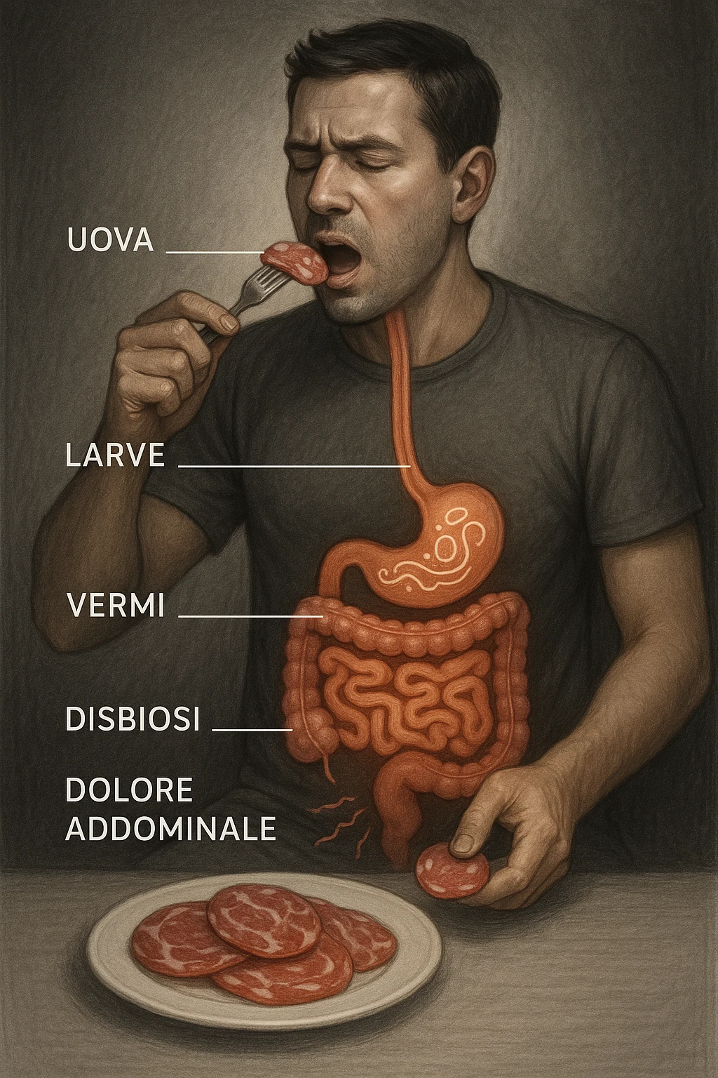 vertical realistic illustration of a man eating sliced cured meats, showing a visual progression of intestinal parasites and initial symptoms of dysbiosis, clinical atmosphere, dramatic lighting, Italian captions, aspect ratio 2:3 emoji