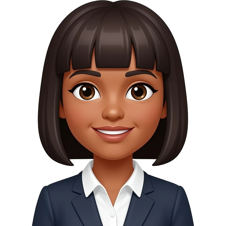 a teacher with dark brown or black hair with bangs and she has brown skin emoji