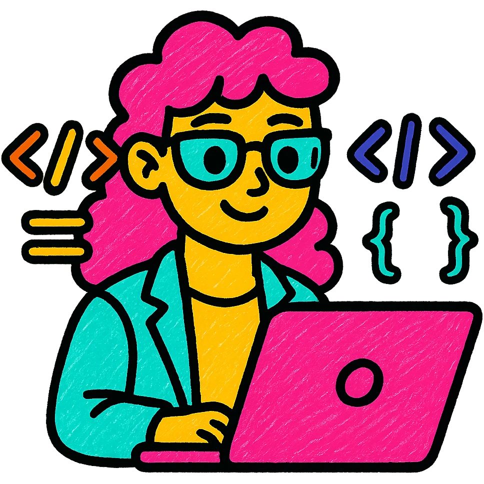Illustrate the smart coder as a female surrounded by code symbols, in a vibrant and colorful style with no background. emoji