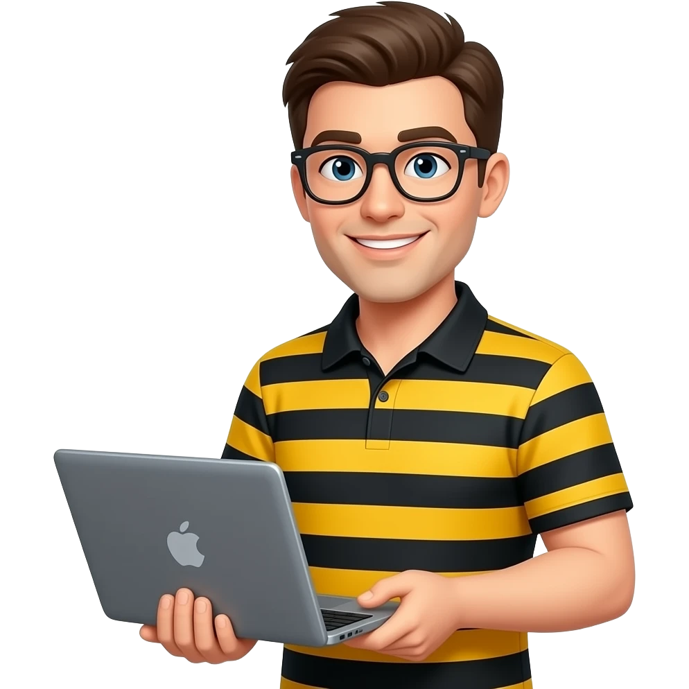 сотрудник магазина с ноутбуком, черно-желтая одежда в полоску emoji