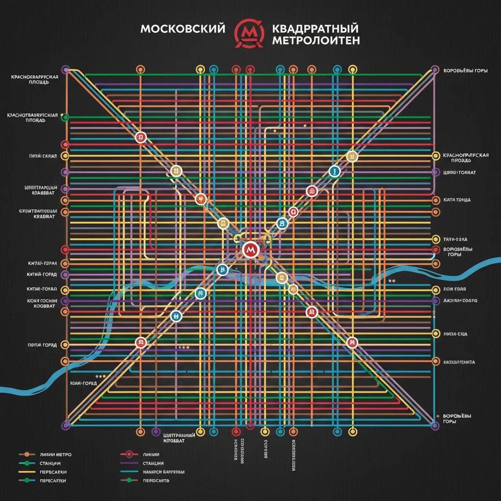 Схема Москвы в стиле московского метро, но если бы Москва была полностью квадратной emoji
