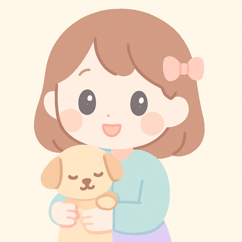 A pale girl with brown shoulder-length hair tied with a ribbon hairclip, holding a dog emoji