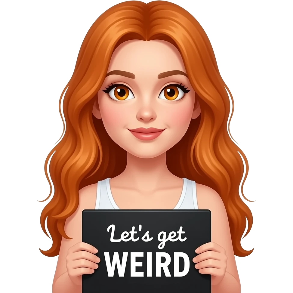 sexy girl with long ginger hair and ginger eyes wearing a white tanktop is holding a black sign with Let's get WEIRD written on it emoji