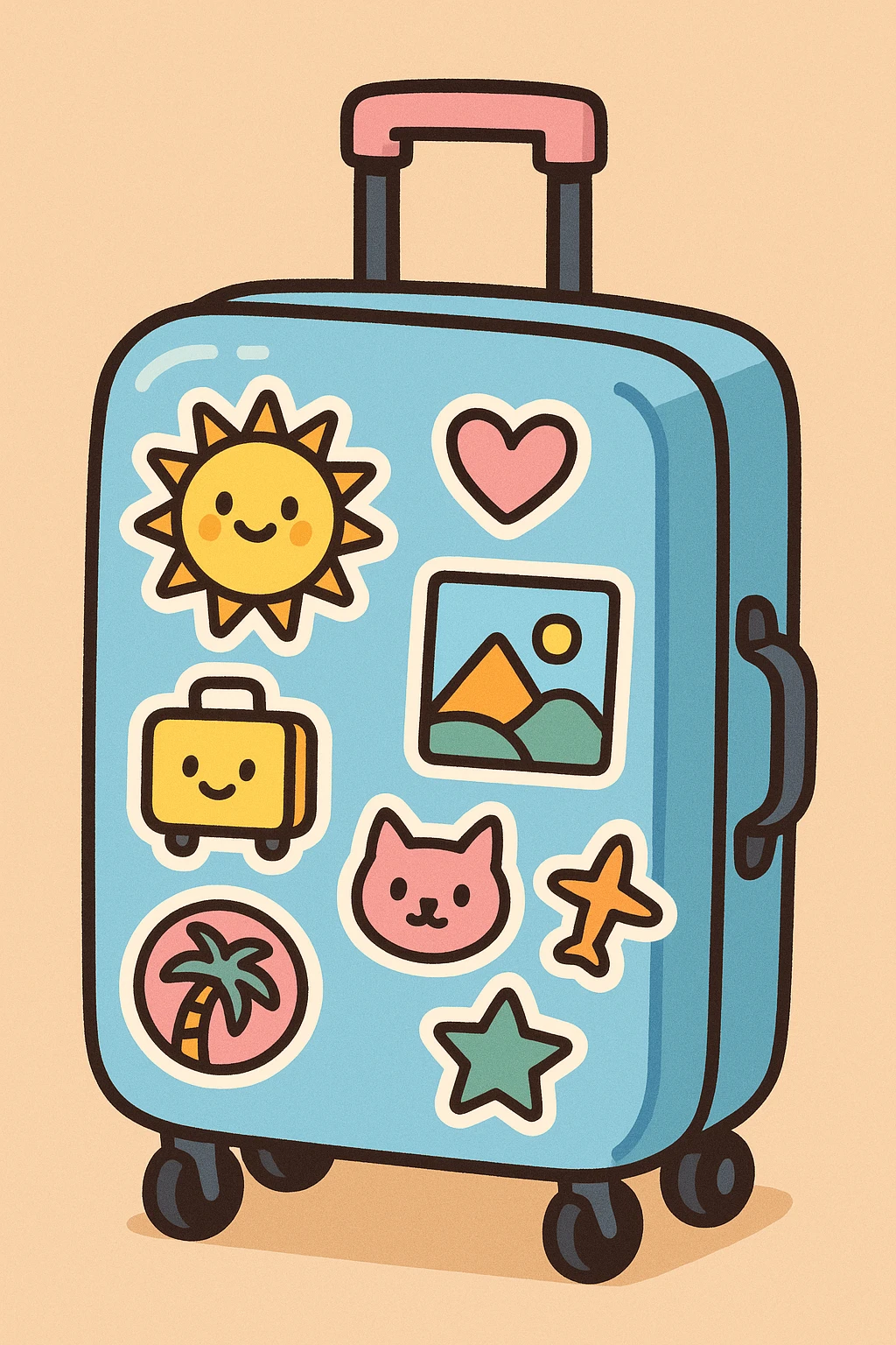 blue pastel suitcase on wheels, covered in colorful travel stickers, bold outlines, flat color fills, sharp shadows and highlights, white sticker border, hand-drawn cartoon style emoji