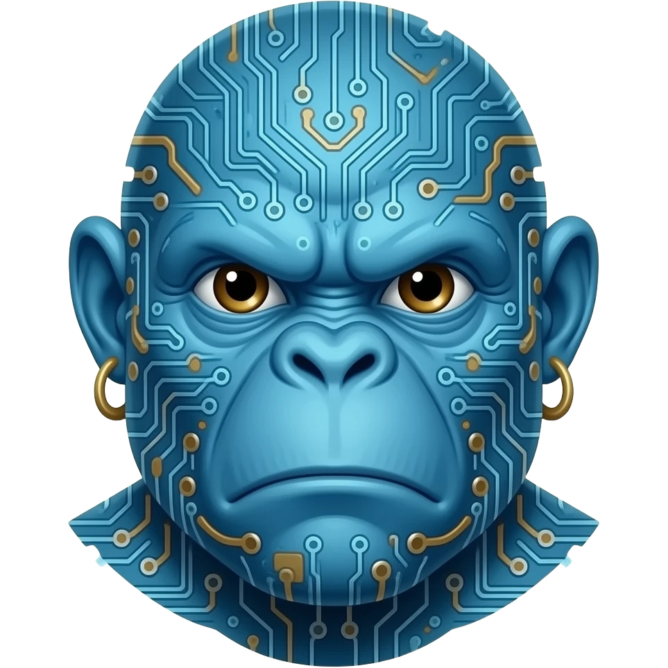 The image features a stylized ape-like and frowning portrait of Blaze Bayley with blue skin covered in computer circuitry. emoji
