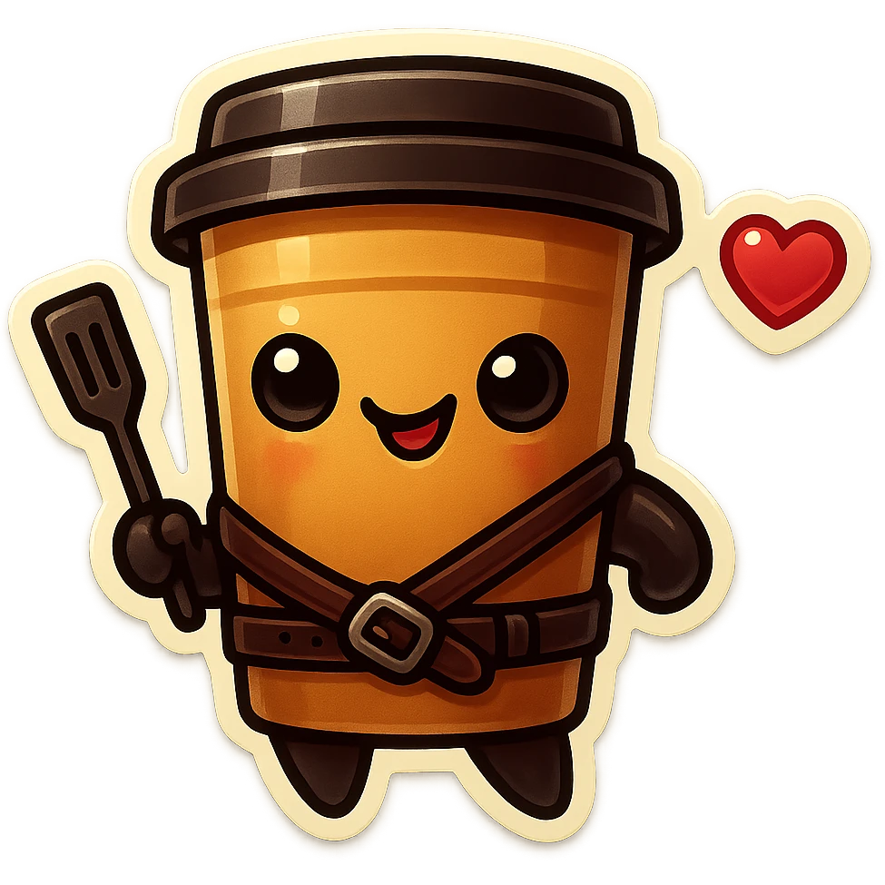 Tall coffee cup, dressed in leather holding a whipping paddle, mischevious, heart emoji