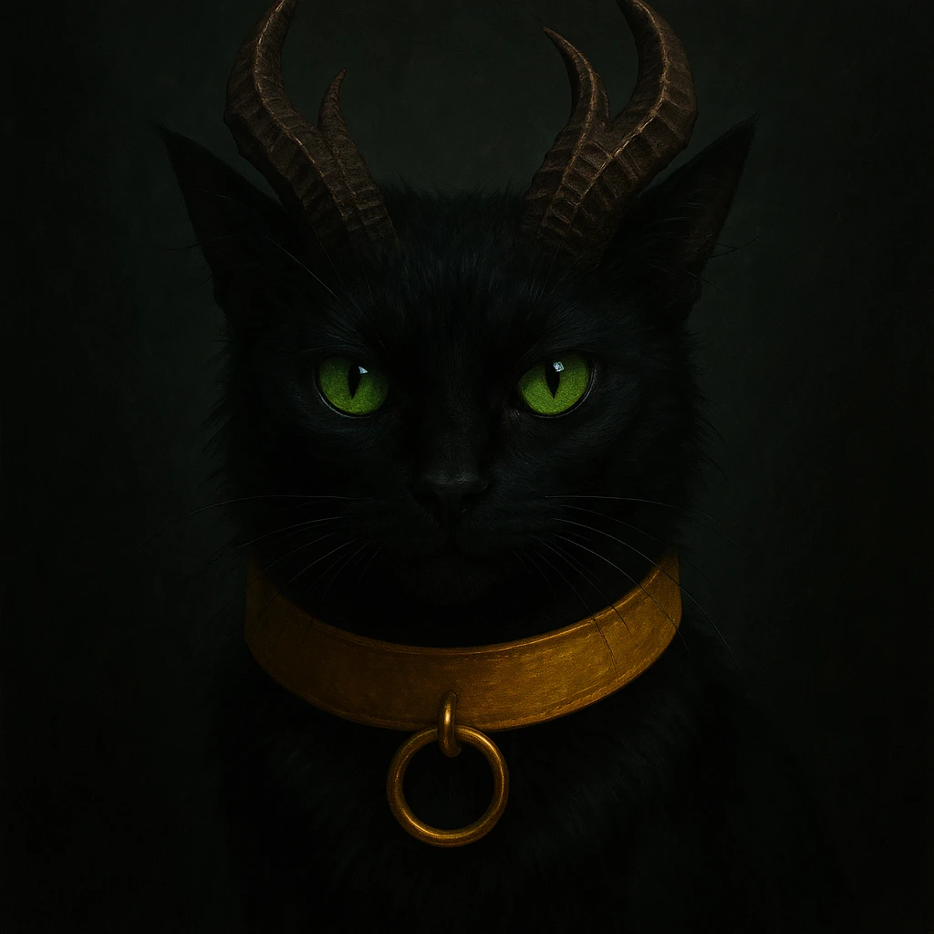 Add a yellow collar to the black cat with green eyes and demon horns, maintaining the visually striking style of the original image. emoji