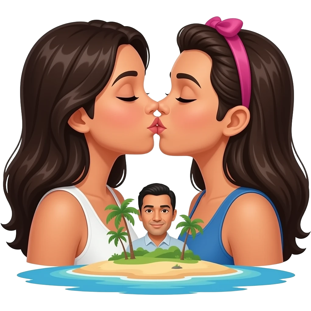 Two lesbian colombian women kissing and 1 man on a deserted island emoji