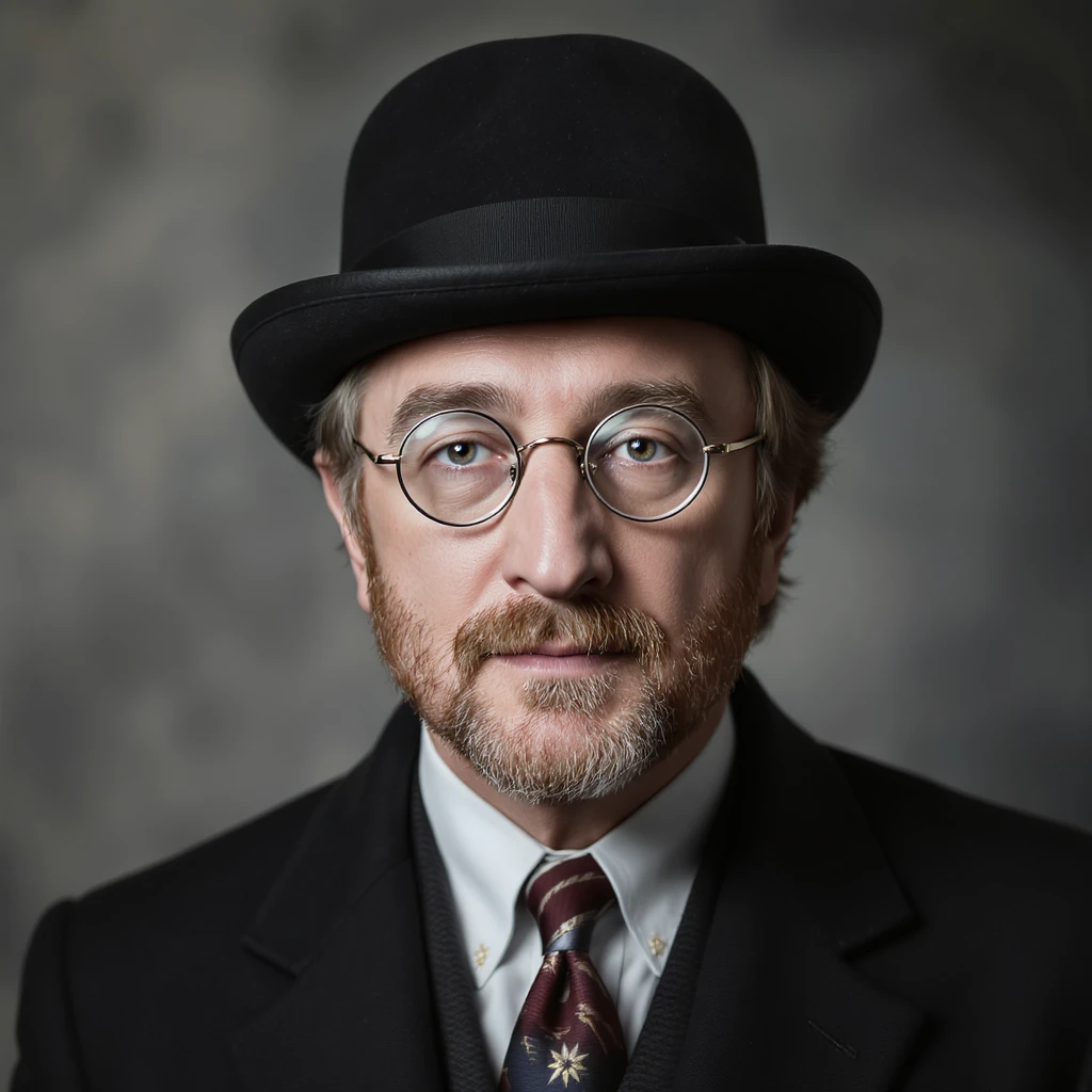 highly realistic portrait of John Lennon wearing a bowler hat, photorealistic, detailed, soft lighting emoji