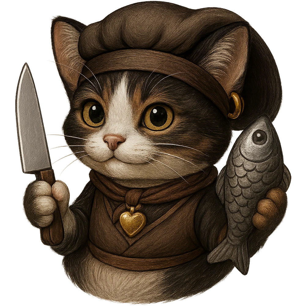 Make the cat chef normal cat colors, but keep the earring gold. The cat is holding a knife and a fish, wearing a bandana, with no background. Maintain the original style and details as much as possible. emoji