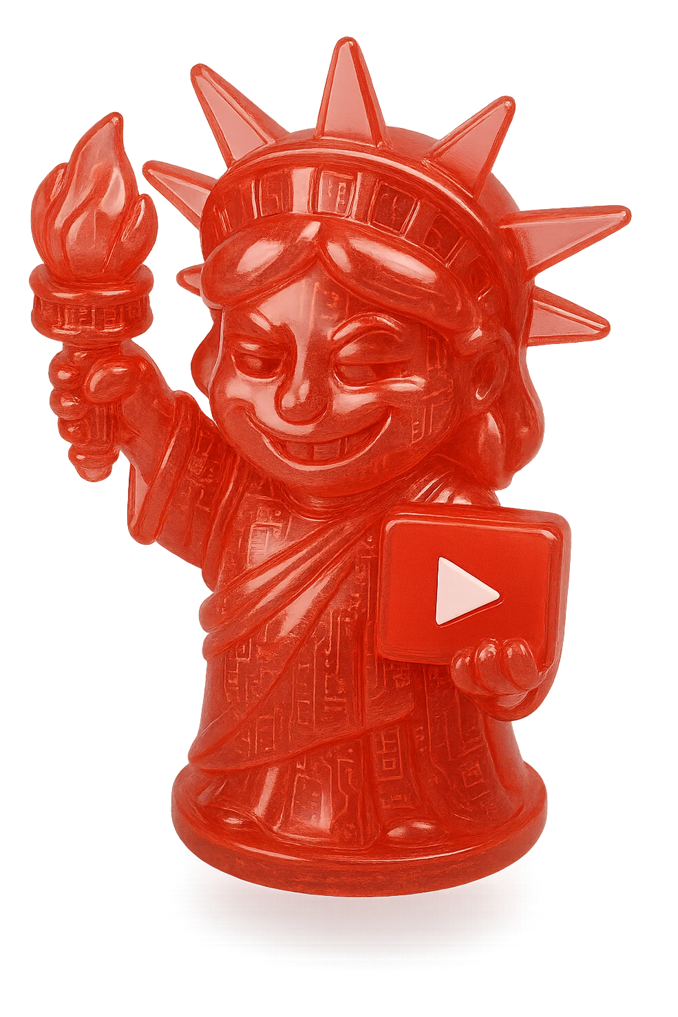 red Statue of Liberty with a playful sarcastic grin, red YouTube play button, glossy circuit style emoji
