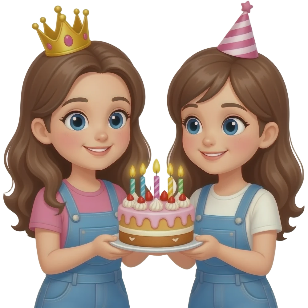 Happy birthday bestie  brown  hair girl brown hair and the girl have a crown for birthday and the girl there gonna have nothing and they have girl who dont have somthing takes the cake and she's giving the cake to her emoji