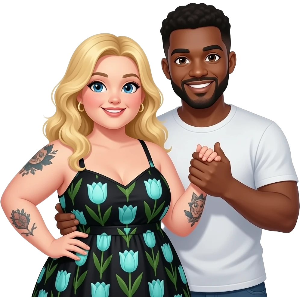Plus size Blonde girl with blue eyes tattoos arms wearing a black summer dress with teal tulips and African American man with black hair with brown eyes  having fun together emoji