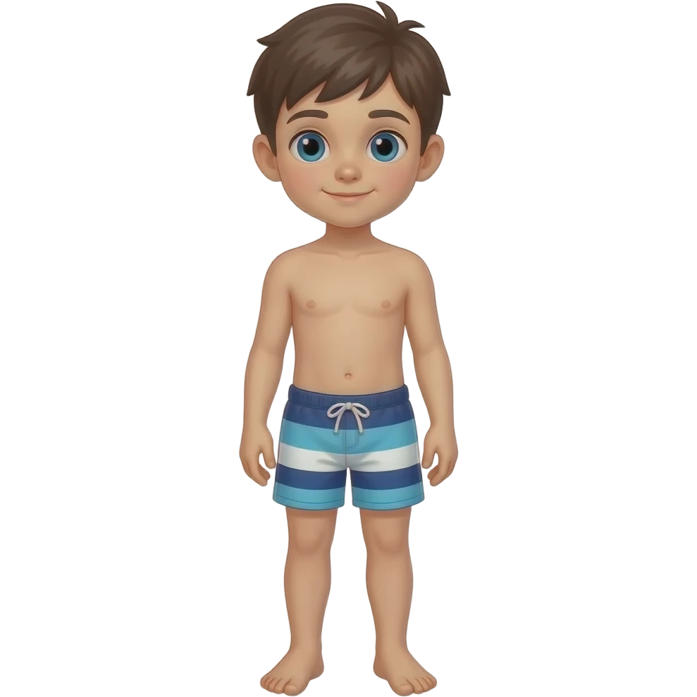 full-bodied standing slim young child boy wearing shorts swimsuit emoji