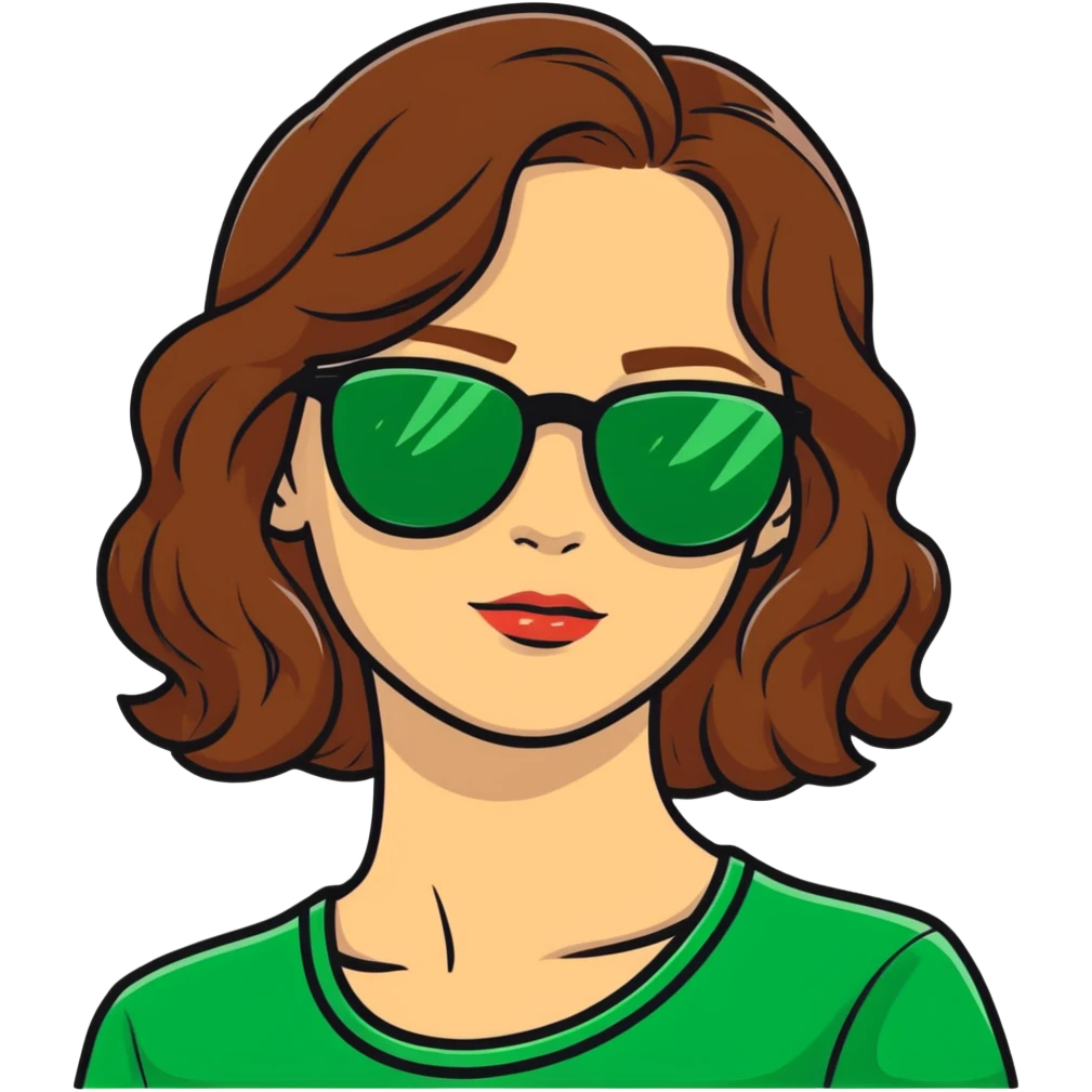 woman with pale skin, brown wavy hair, green eyes, gold glasses emoji