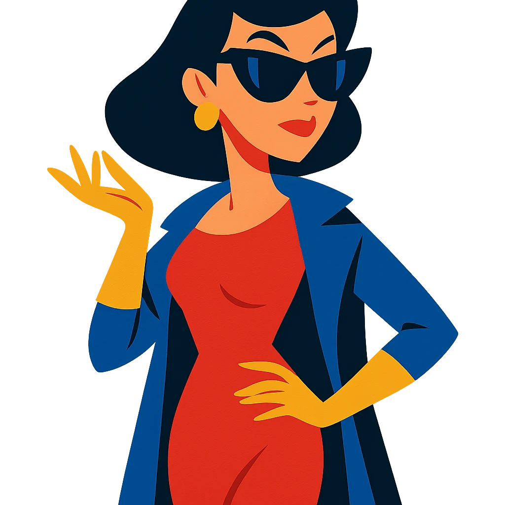 a glamorous woman with black shades, sophisticated look, stylish pose, vibrant toon style emoji