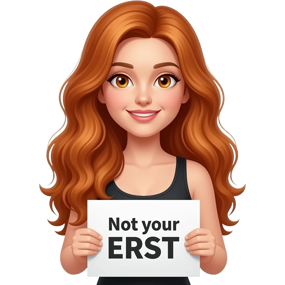 sexy girl with long wavy ginger hair and ginger eyes wearing a black tanktop is holding a white colored sign with Not your ERNST written on it emoji